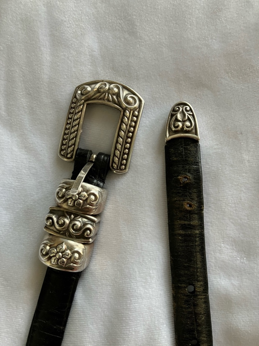 Vintage Black Leather Western Belt with Ornate Silver Buckle